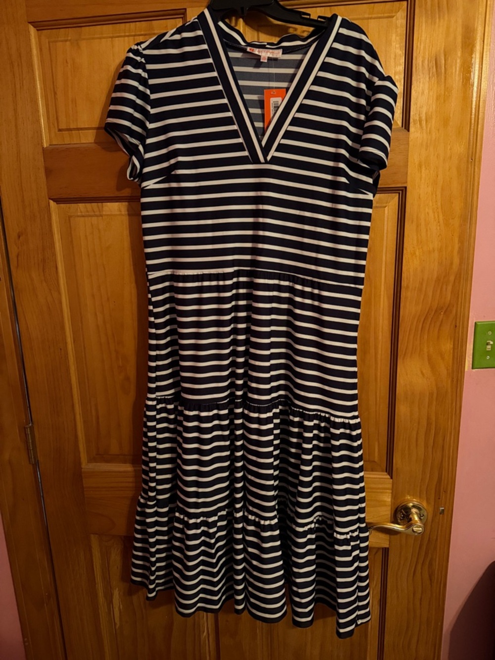 Jude Connally Navy & White Striped V-Neck Tiered Dress